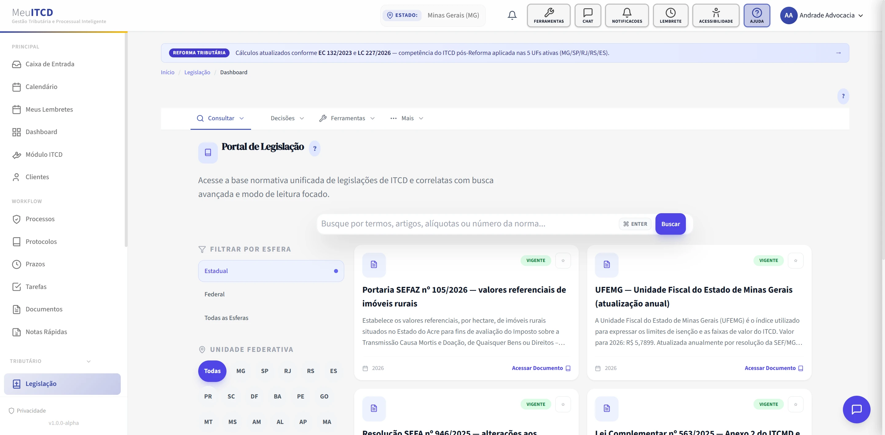 Portal de Legislação do MeuITCD com busca por termos, artigos e normas, filtros por esfera e unidade federativa e cards de normas vigentes