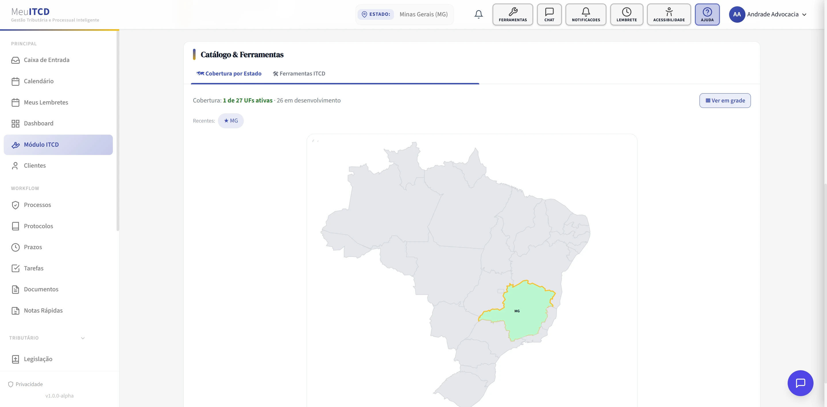 Mapa do Brasil no MeuITCD mostrando a cobertura do módulo ITCD por estado, com Minas Gerais ativo